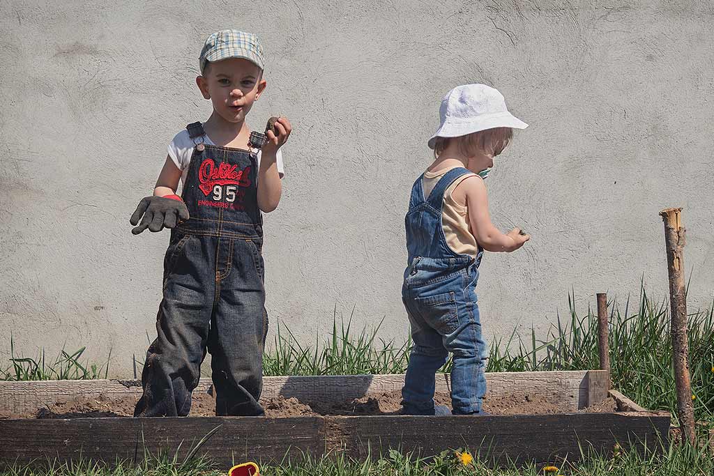 Les enfants jouent au potager.