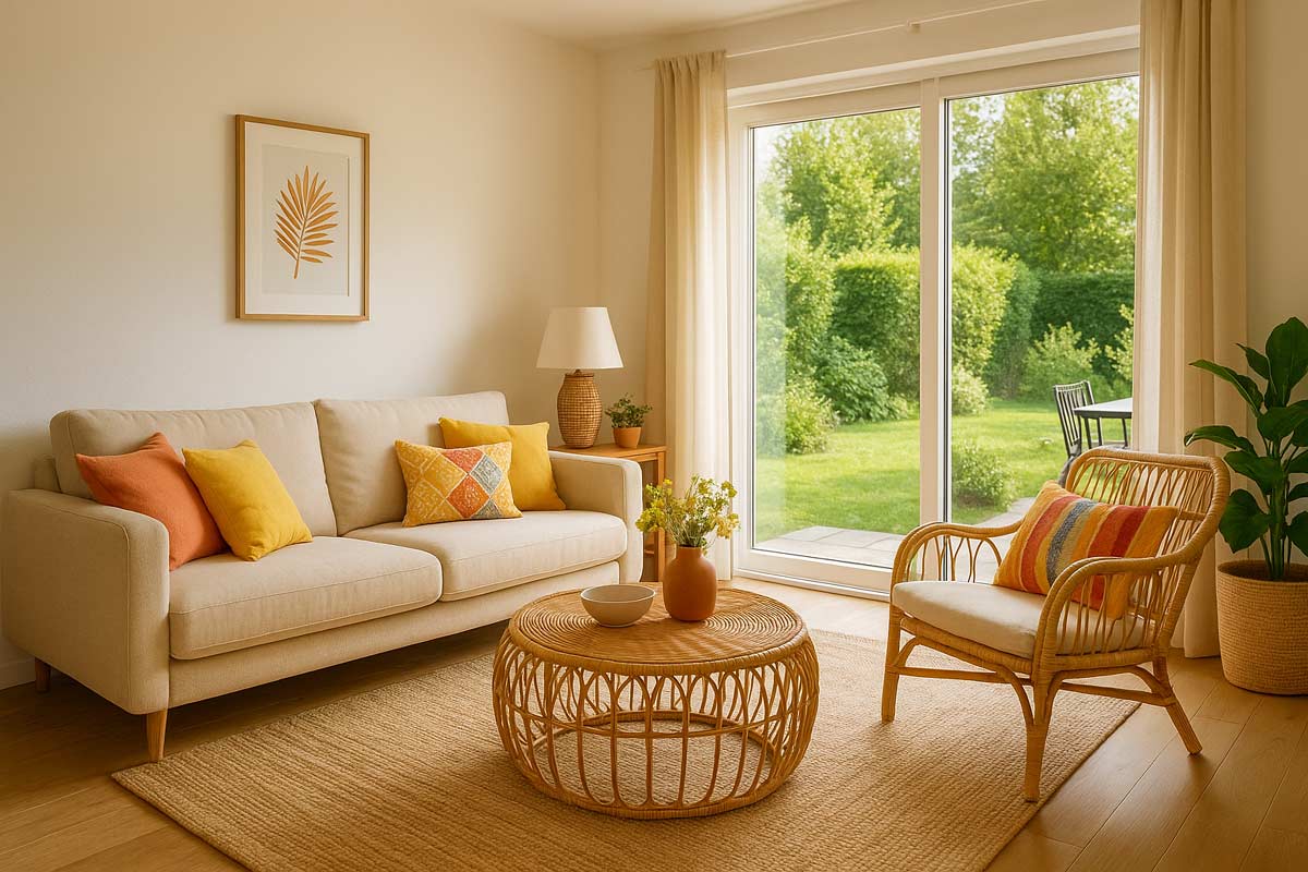Mobilier du salon avec une vue direct sur le jardin.